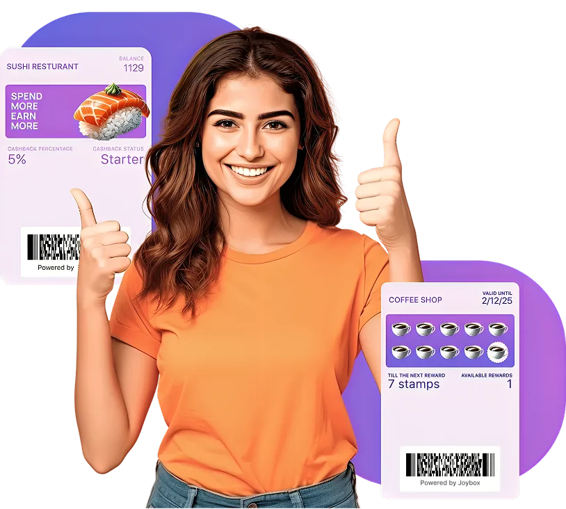 Happy customer with digital loyalty cards for sushi and coffee, showing cashback and stamp rewards, powered by Joybox.