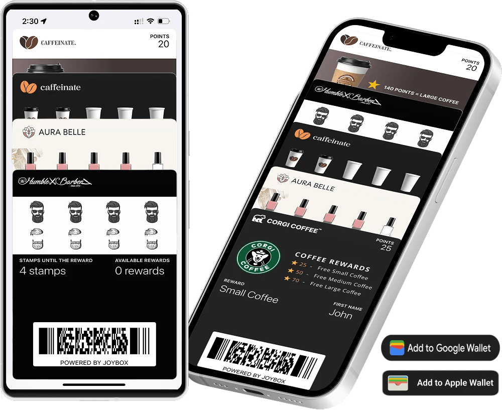 loyalty cards for coffee shops, salons, and barbers shown in a digital wallet app, with options to add to Google Wallet and Apple Wallet, powered by Joybox.