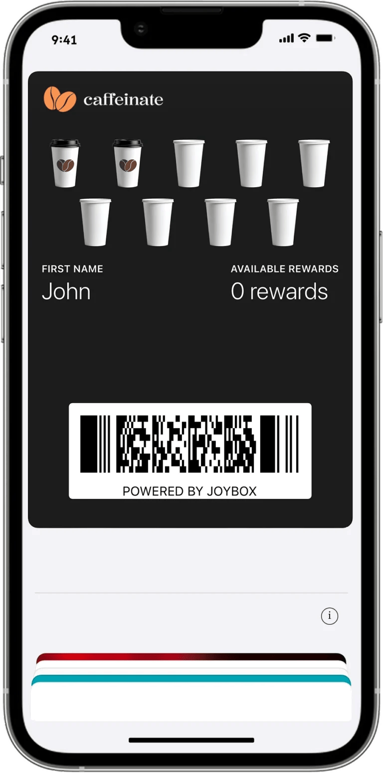 Coffee shop in Kuwait using a digital stamp card loyalty program, with rewards added to Google Wallet and Apple Wallet, powered by Joybox.