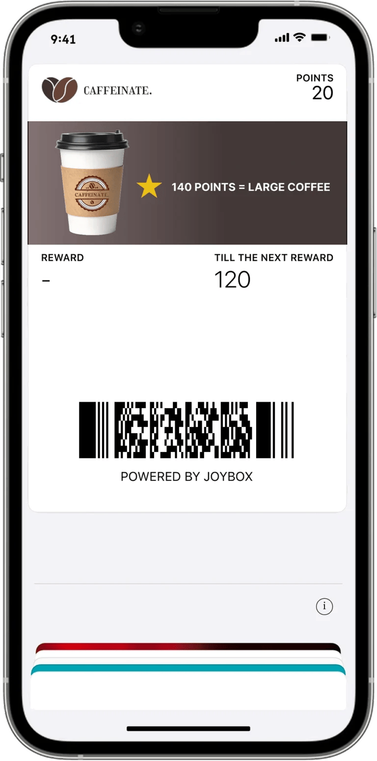 Coffee shop in Kuwait using a digital reward card loyalty program, with rewards added to Google Wallet and Apple Wallet, powered by Joybox.